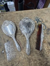 Vintage Rare Silver Plated Mirror Brush Comb Vanity Ornate Bridal Set picture