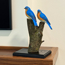 Bluebird Pair Bird Figurine Sculpture Two Birds on Wood Log Base Decorative picture