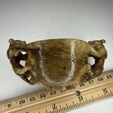 Fine Carved Translucent Honey Jade Hardstone Libation Cup Chilong Handles  picture