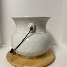 Antique Chamber Pot With Metal Wire & Wood Handle Nice Embossed ~ Victorian picture