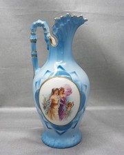 Vintage Czechoslovakian Blue Pitcher Vase Maidens & Cherub picture