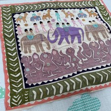 Vintage Indian Kantha Embroidery Elephant Camel Textile Tapestry Wall Art 40x35 picture
