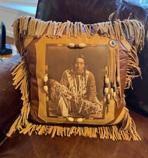 Leather Pillow, Native American Image, Handmade, One of a Kind, 16
