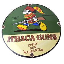 Vintage Ithaca Guns Sign - Mickey Mouse Firearm Advertisement Porcelain Gas Sign picture