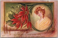 c1910s Artist-Signed REYNOLDS Postcard Girl's Portrait / Poinsettia Flowers picture