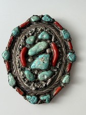 Vintage signed Native American Stirling Silver Turquoise & Coral Bolo Tie picture