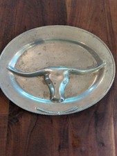 Large Oval Silver Plates Pewter Platter with Texas Longhorn 3D 17x13 Heavy picture