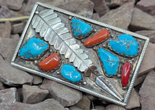 Angelita Cheama Zuni (Effie C Sister) Native Sterling Coral Turquoise Belt Buckl picture