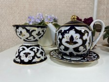 Uzbek Porcelain Tea Set – Handcrafted Cobalt Blue & Gold Cotton Pattern – Teapot picture