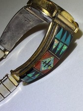 Steve Francisco Opal Turquoise Spiny Oyster Inlay Watch Band Tip Sterling Navajo picture