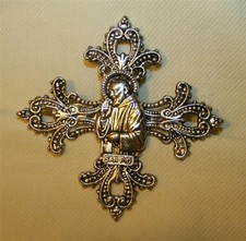 Lacy Filigree Silvertn Fleur-de-Lis Saint Padre Pio Cross Religious Brooch Pin picture