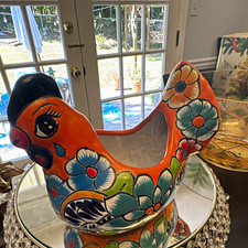 Mexican Talavera Style Hand Painted Pottery Rooster Chicken Planter picture