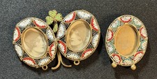 Two Antique Brass Micro Mosaic Green Red White Lotus Mini Picture Frame Italy picture
