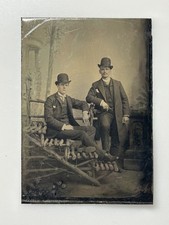 Antique 1800s Tintype Photo Two Victorian Men Bowler Hats Full Length Portrait picture