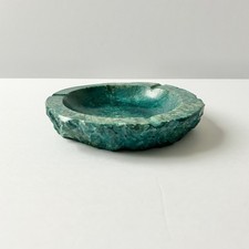 Vintage Alabaster Stone Ashtray Round Raw Edge Marbled Turquoise Green Heavy MCM picture