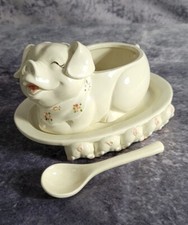 1983 Fitz N Floyd Mama Pig & Piglets Jelly/Jam Jar w/ Spoon & Underplate No Lid picture