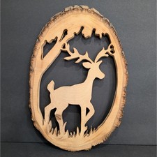 Rustic Laser Cut Wood Slice Art Buck Deer Forest Scene Cabin Decor Live Edge picture