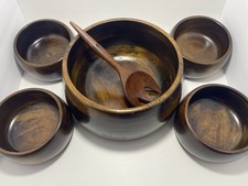 Woodcrest By Stinson Teak Salad Bowl Serving Set for 4 Cottage Core Grandma VTG picture