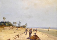 Stunning Oil painting people on beach by ocean & sail boats  cost picture