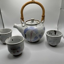 StudioArt Hand Thrown Pottery Teapot W/ Rattan Handle Artist Signed 3 Cup Set picture