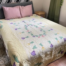 Antique Handmade Amish Hand Sewn Quilted morning glory granny light yellow 90x70 picture