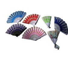 VTG Folding Hand Fans Lot Asian Floral Fabric Plastic Souvenir Fan Decor NOTE picture