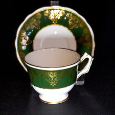 AYNSLEY GREEN & GOLD TEA CUP & SAUCER, #2903, Porcelain, Made in ENGLAND picture
