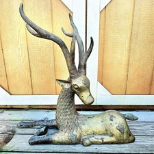 Large Vintage 1970s Sarreid Brass Resting Deer Statue Figure 33