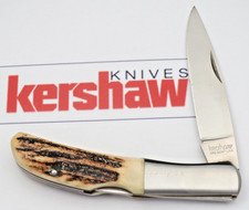 KERSHAW 4150 JAPAN - Super Quality - Medium Stag Handled Lockback Knife - MINT picture