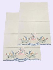 Set Vntg Hand Embroidered Southern Belle Parasol Pillowcases Crochet Lace Hem picture