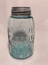 c1880s Mason's Hero Cross Patent Nov. 30th 1858 Aqua Midget Pint Fruit Jar W/lid picture