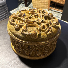 Ornate Gold Tone Round Lidded Trinket Box Jar w/ Raised Floral Scroll Lid picture