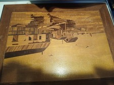 Lot of 3 Vintage Inlaid Marquetry Wood Pictures Grist Mill Sawmill Barn picture