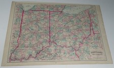 1875 Map of INDIANA/OHIO removed from AN Asher & Adams Railroad Atlas 17x25
