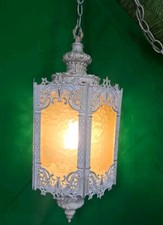 NICE MCM White/Gold Gothic Regency Hanging Swag Amber Lantern Light Fixture USED picture