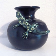 P Mateos Handmade Vintage Pottery Black Vase with Green Iguana, Mexican Pot picture