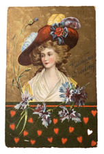 Vintage 1909 Valentines Day Postcard Victorian Lady Hat Flowers Hearts picture