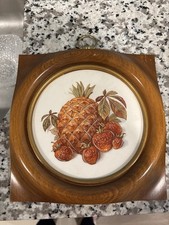 Vintage Sungott Hand Enameled Porcelain Plaque Pineapple Strawberry Wood Frame picture
