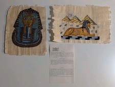Set of 2 Authentic Egyptian Papyrus Art Gold Sphinx & Pyramids Papyrus Factory  picture