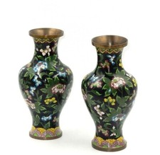VINTAGE SET OF MID-CENTURY CHINESE BRONZE CLOISONNE FLORAL GREEN VASES picture