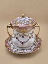 Noritake Nippon Condensed Milk Jar Lid Pink Heavy Gold Trim & Roses Porcelain picture