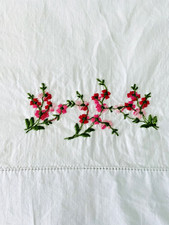 Hand Embroidered Pink Flowers on White Pillowcase 29.5 x 19 EUC picture