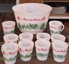 Vintage Hazel Atlas Egg Nog Tom Jerry Punch Bowl Set 10 Cups MCM Retro Christmas picture