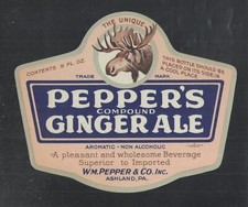 PEPPERS GINGER ALE SODA BOTTLE LABEL Bottle { MOOSE } picture