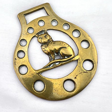 Brass Horse Medallion Antique English Cat Kitty Feline Pierced Parade Harness picture