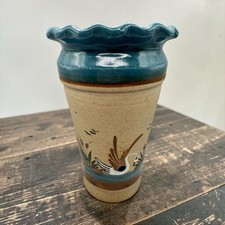 Mexican Tonala Folk Art Pottery Vase Hand painted Swan Cat Tails 8” Beautiful picture