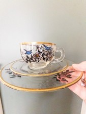 Vintage Hand-Painted Glass Teacup & Saucers – Blue Birds, Floral & Spiderweb picture