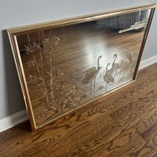 Vintage Large Asian Hollywood Regency Gold Etched Wall Mirror With Cranes 36x24 picture