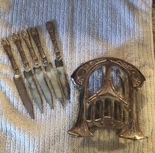 RARE,ANTIQ,Art Nouveau , Metal ,Brass ,Copper..Fruit Knife Holder With 5 Knives picture