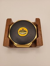 Vintage Amoco Oil Brass And Leather Coasters In Wood Base Set Of 4 picture